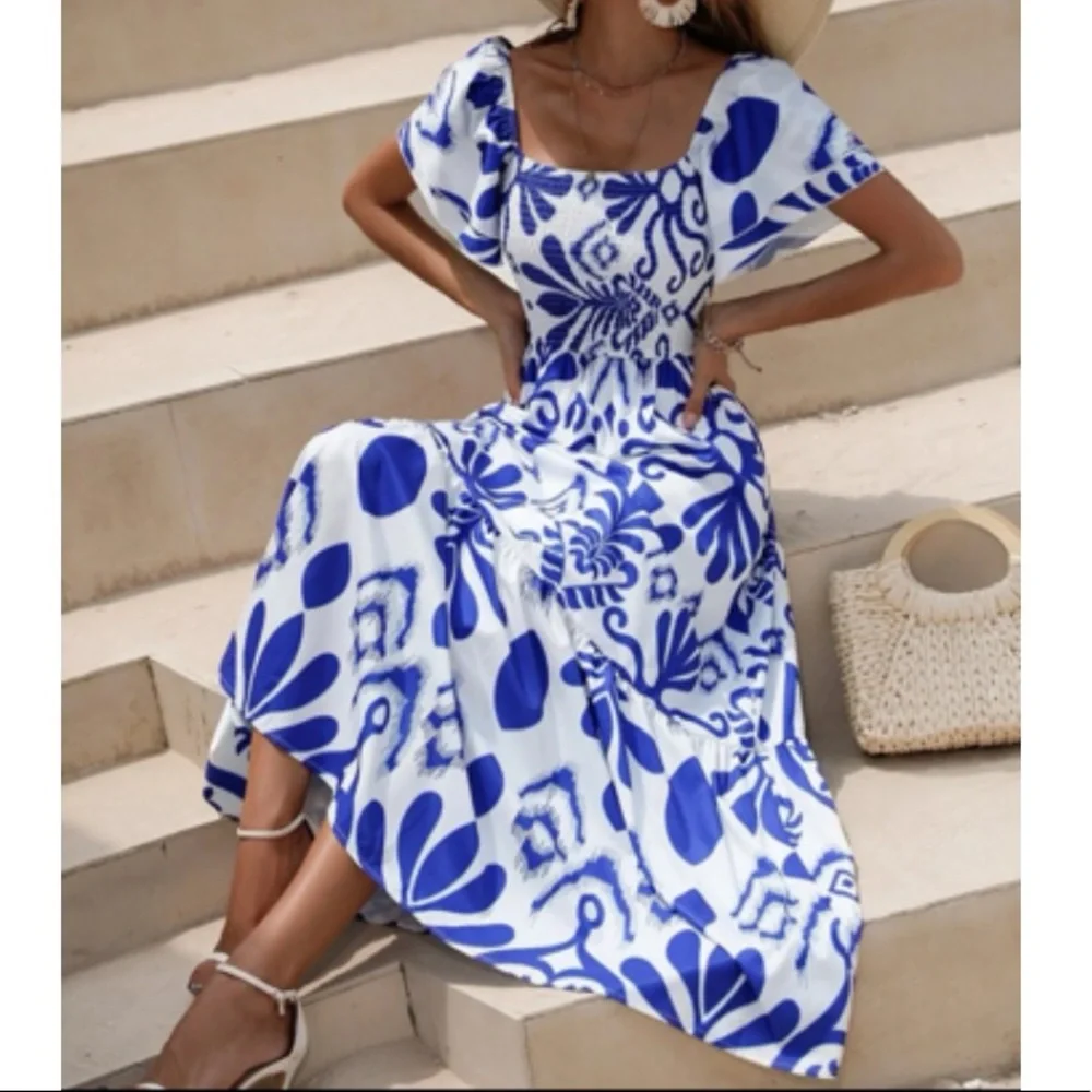 Boho  floral print shirred maxi dress_2